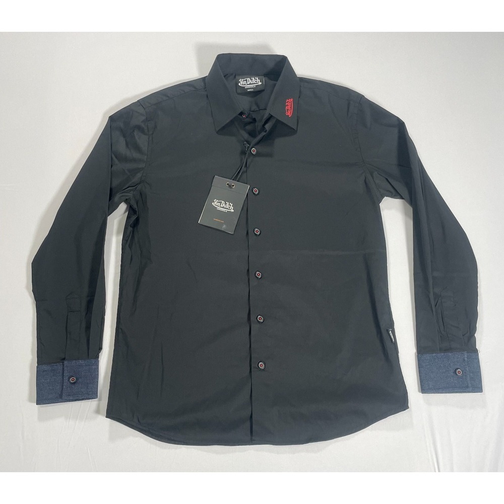 Von Dutch Originals Mens Black Tiger Graphic Button Down Shirt Denim Cuff‎ Small